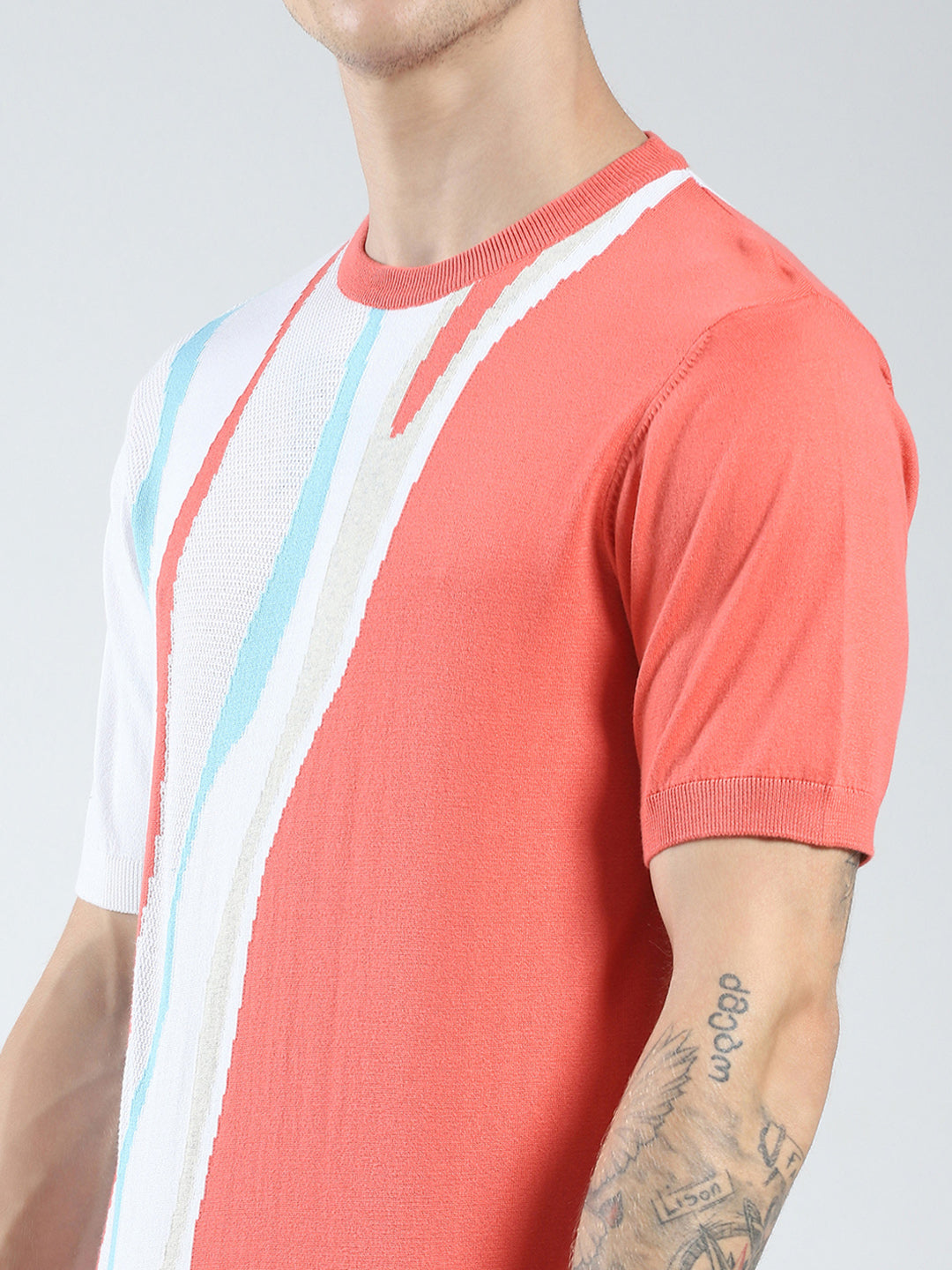 Men Pink Self Design Round Neck Half Sleeve T-Shirt