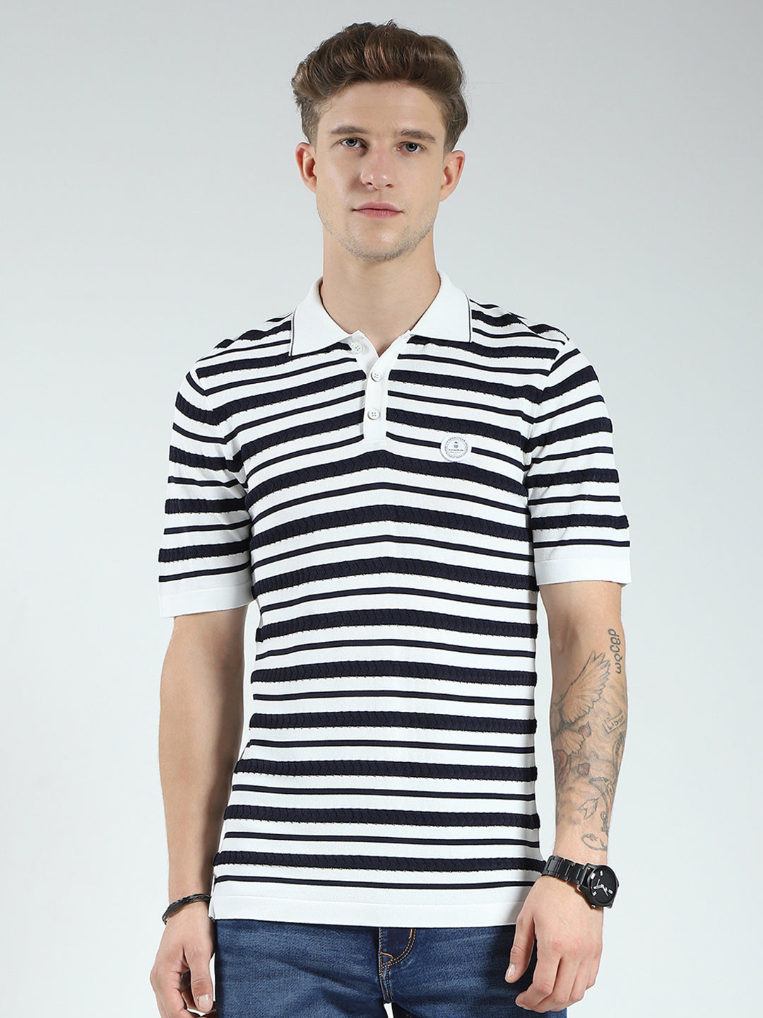 Men White Stripe Collar Half Sleeve T-Shirt