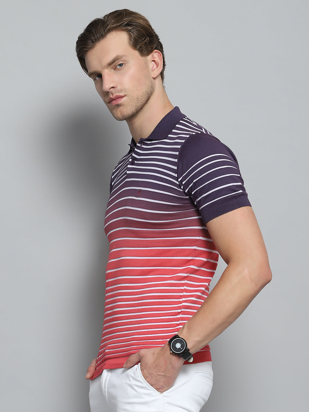 Men Purple Stripe Collar Half Sleeve T-Shirt