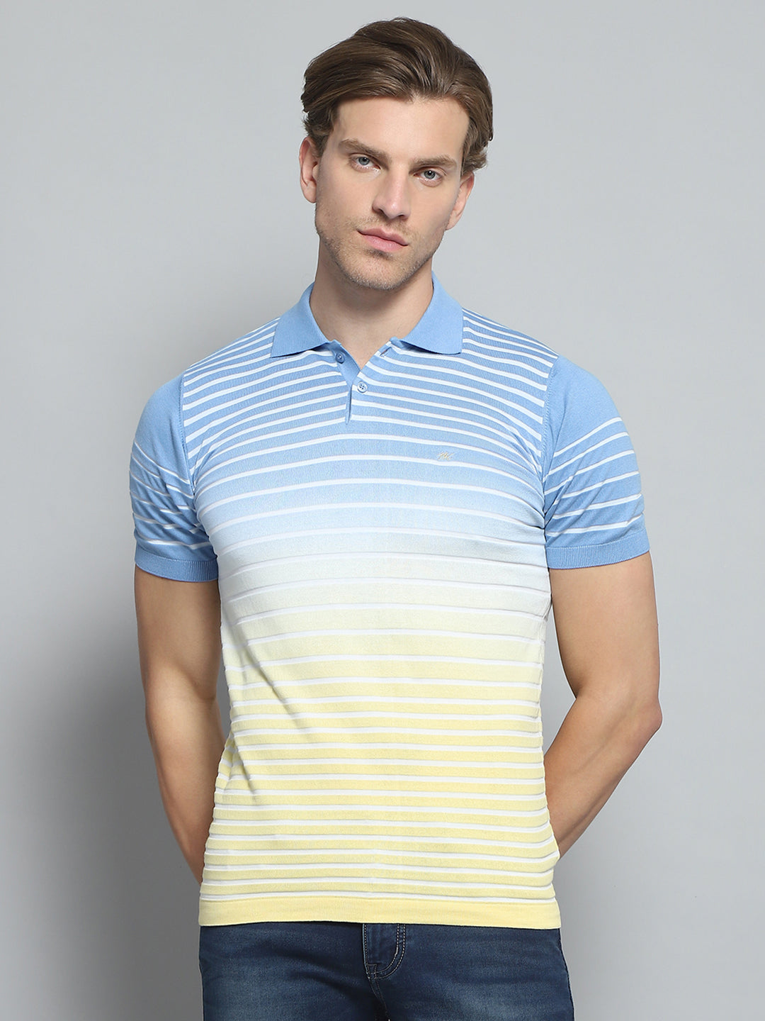 Men Blue Stripe Collar Half Sleeve T-Shirt