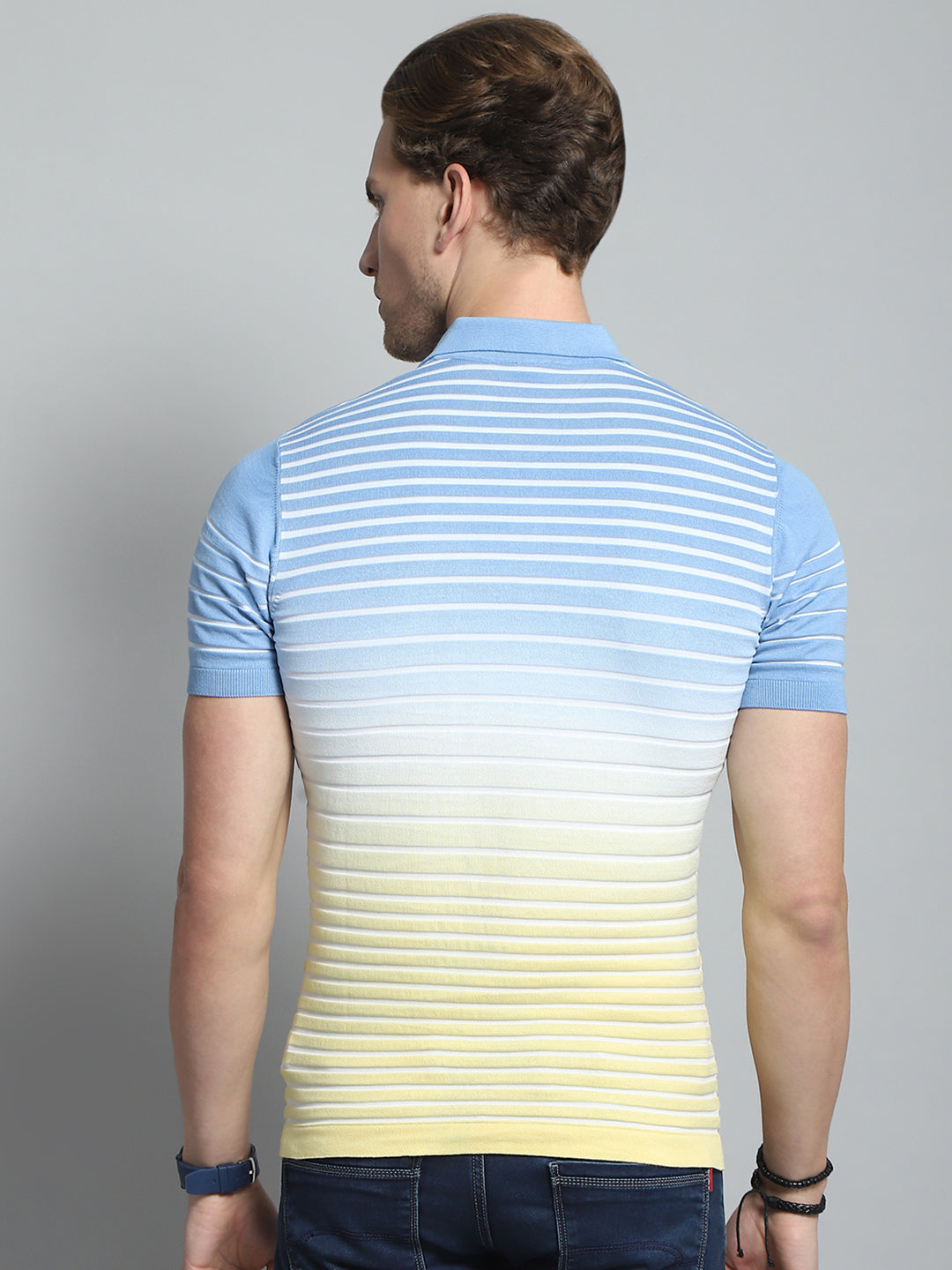 Men Blue Stripe Collar Half Sleeve T-Shirt