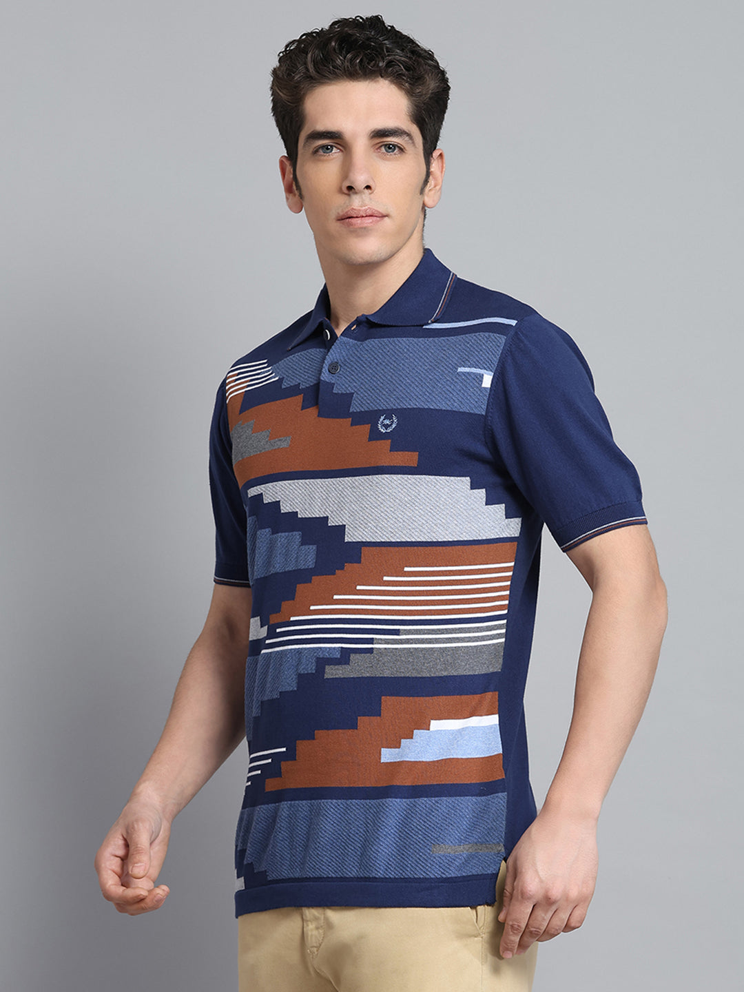 Men Navy Blue Self Design Collar Half Sleeve T-Shirt