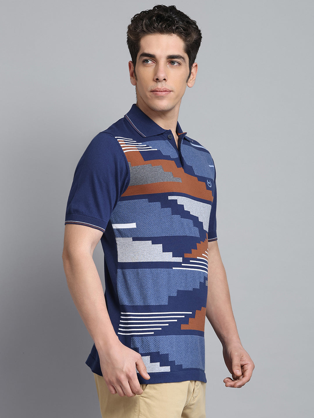 Men Navy Blue Self Design Collar Half Sleeve T-Shirt