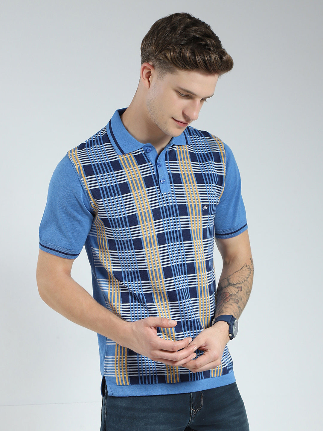 Men Blue Self Design Collar Half Sleeve T-Shirt