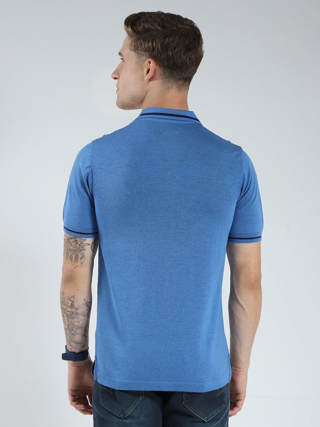 Men Blue Self Design Collar Half Sleeve T-Shirt