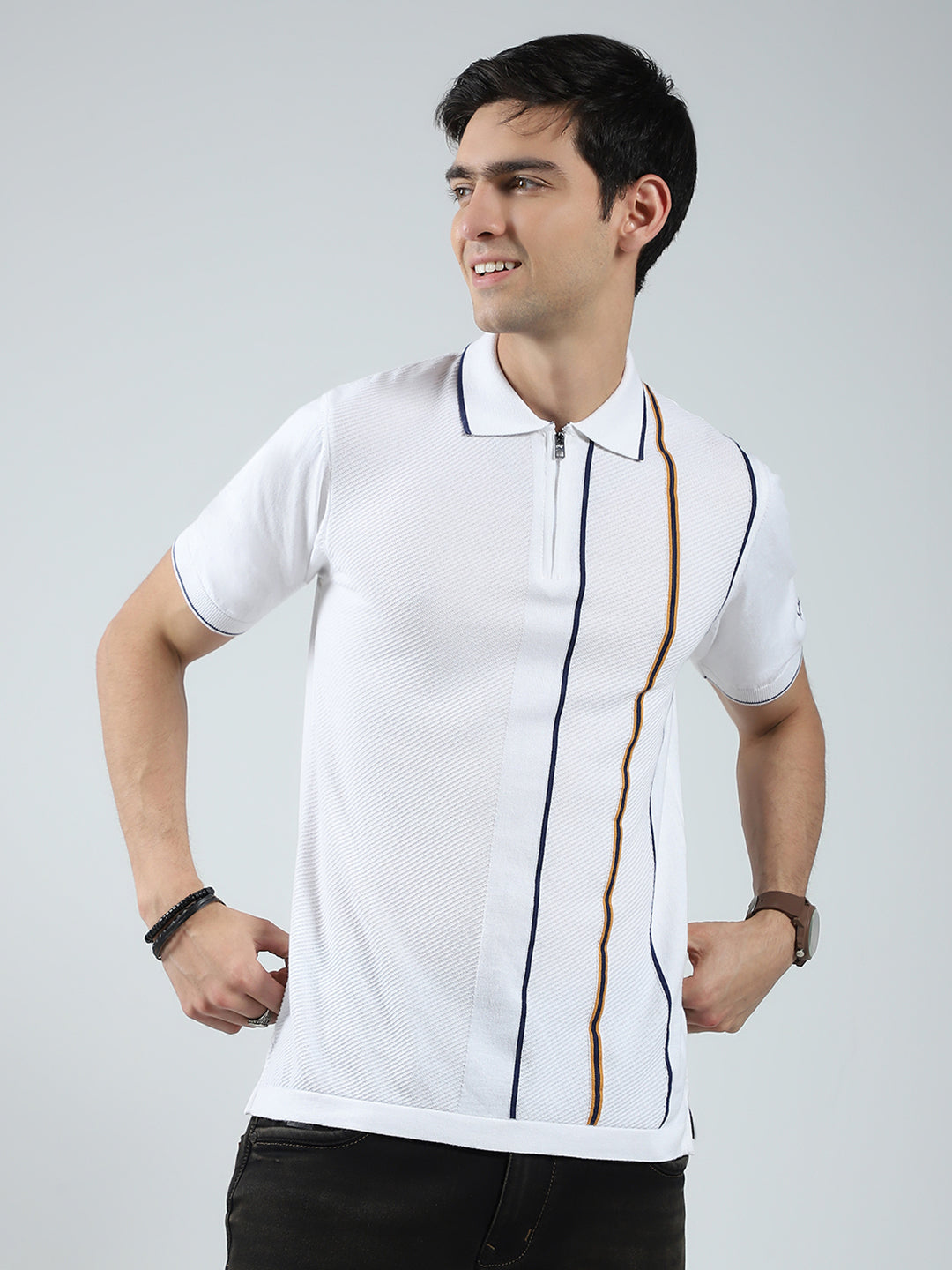 Men White Self Design Collar Half Sleeve T-Shirt