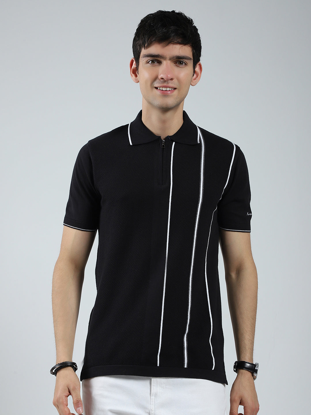 Men Black Self Design Collar Half Sleeve T-Shirt
