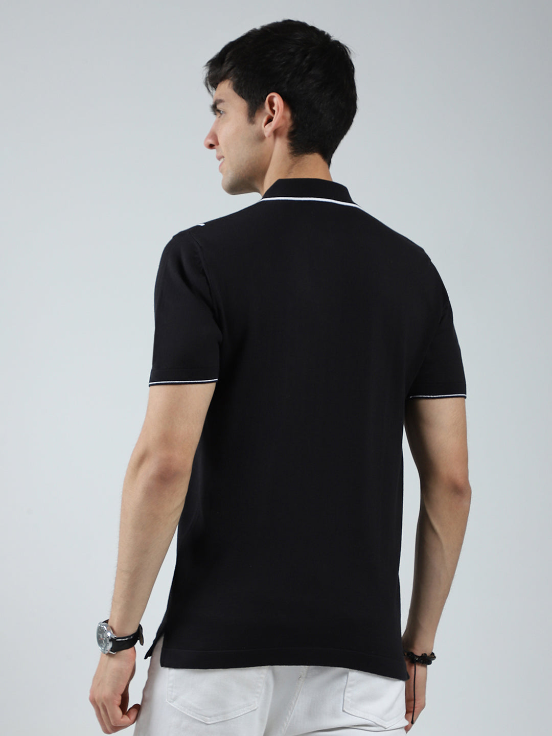Men Black Self Design Collar Half Sleeve T-Shirt