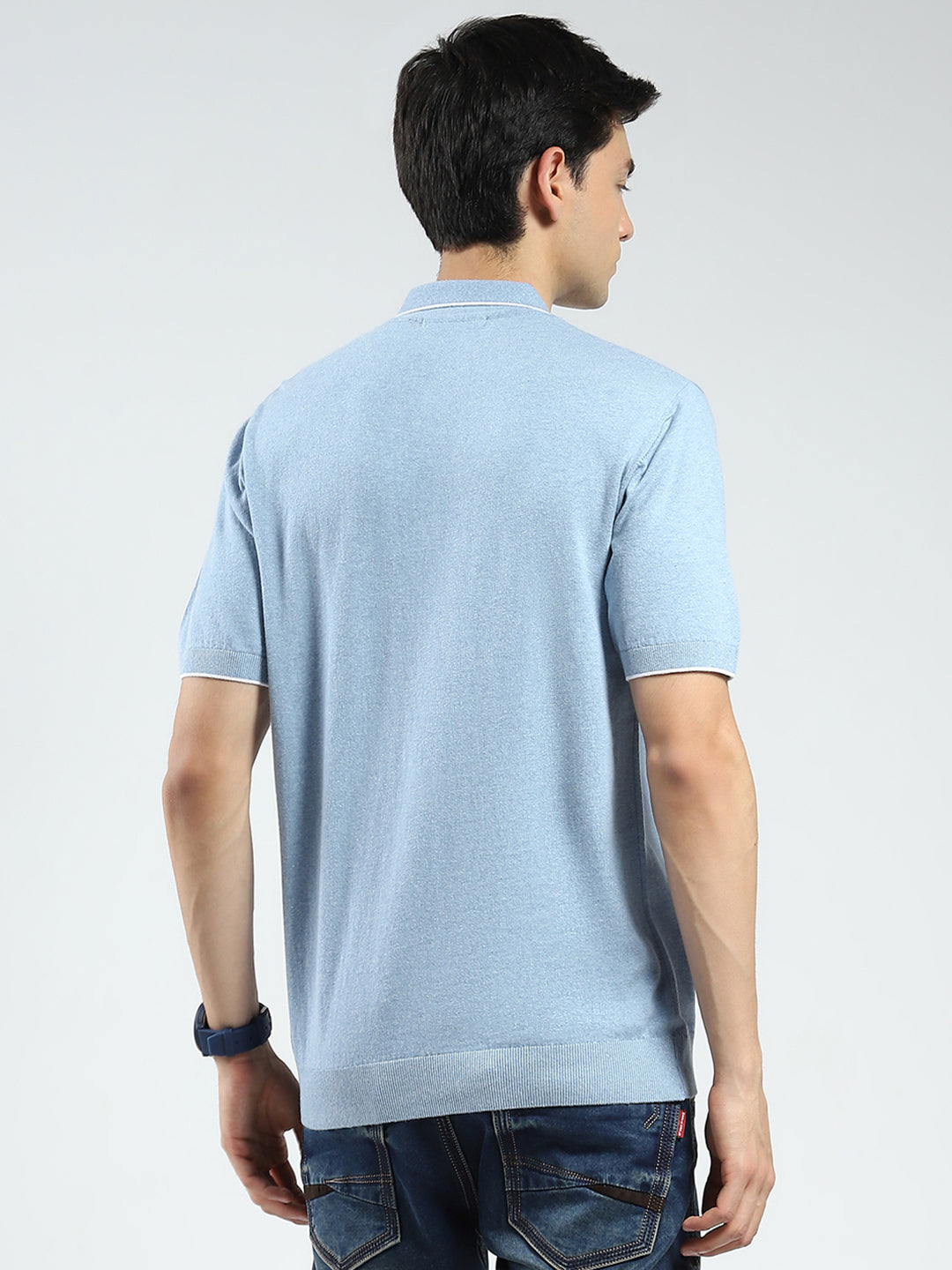 Men Blue Solid Collar Half Sleeve T-Shirt