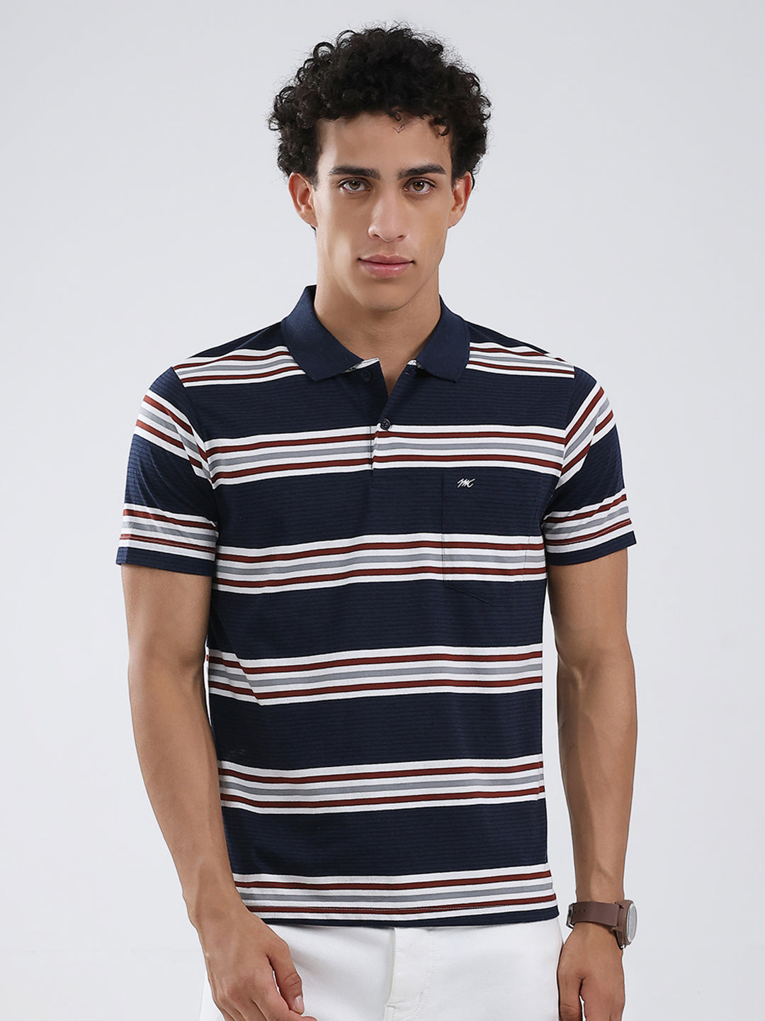 Men Navy Blue Stripe Collar Half Sleeve T-Shirt