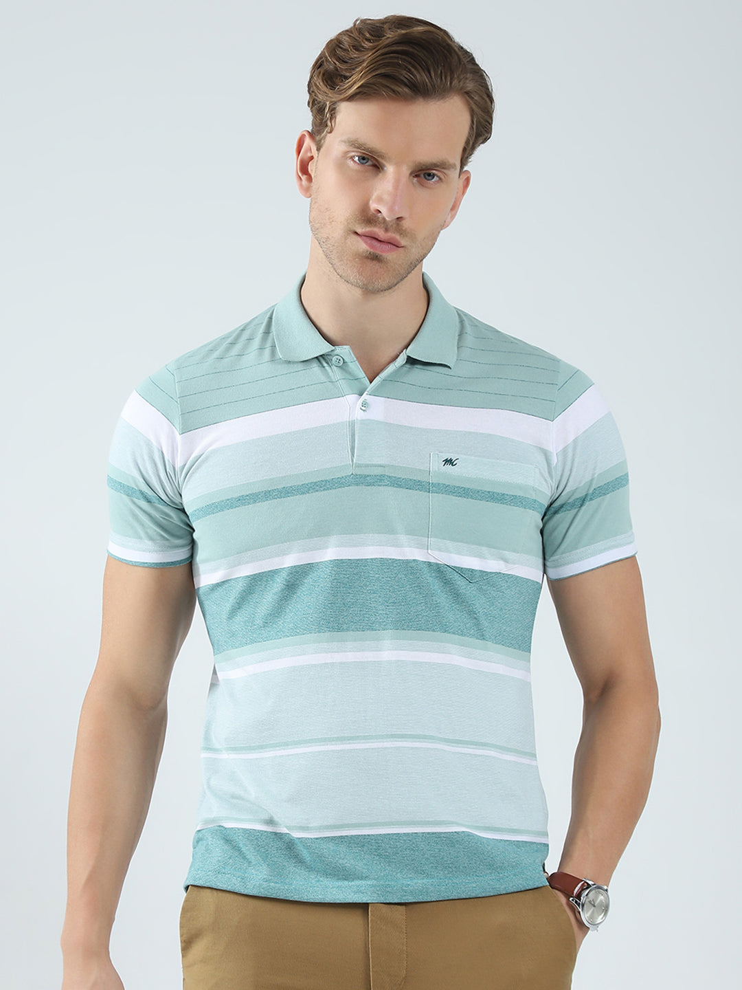 Men Green Stripe Collar Half Sleeve T-Shirt