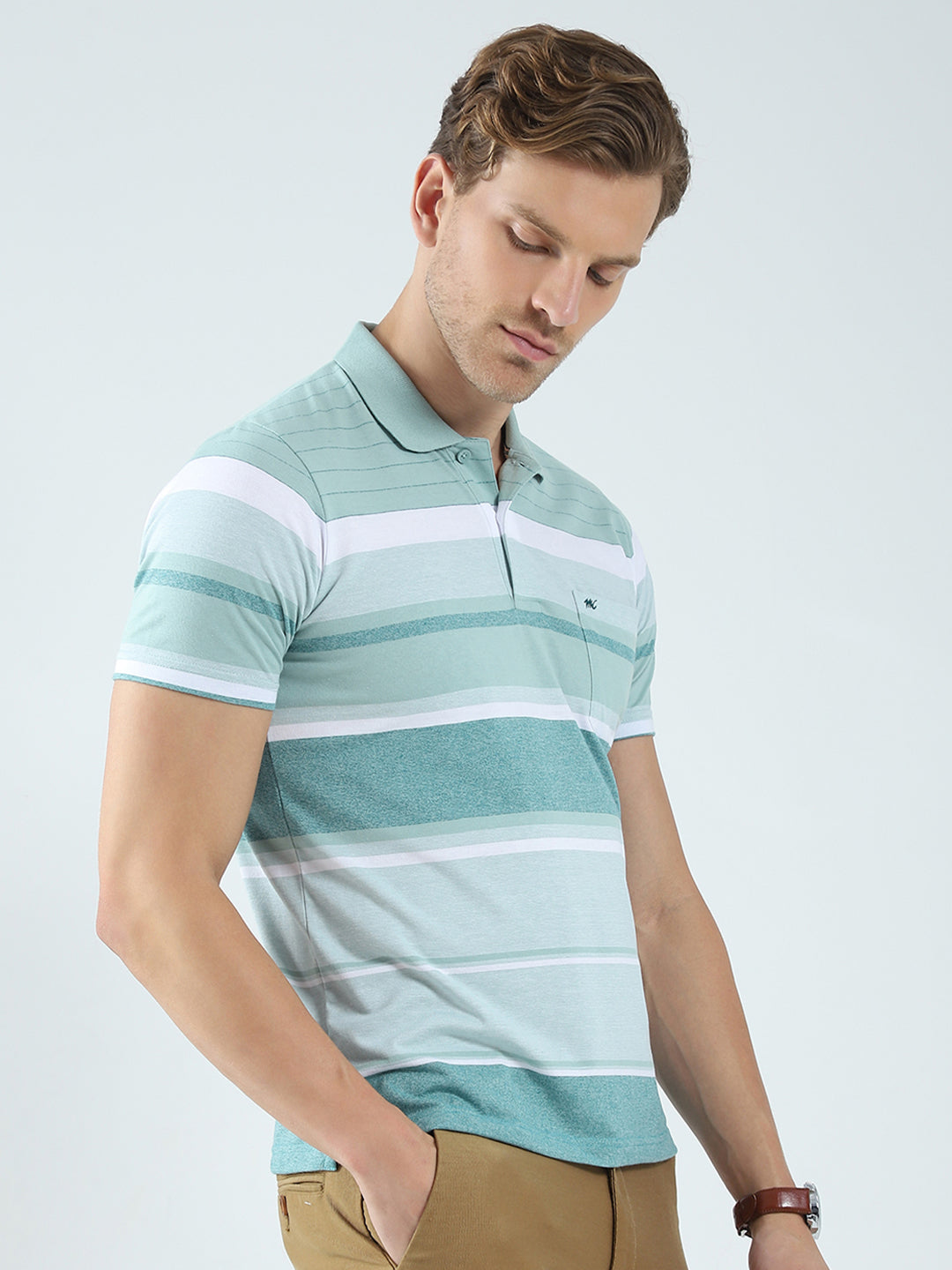 Men Green Stripe Collar Half Sleeve T-Shirt