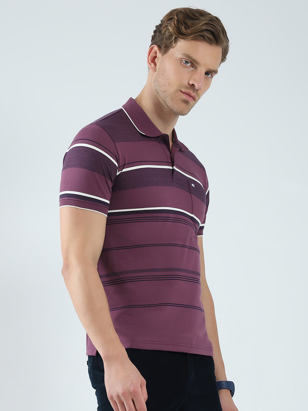 Men Purple Stripe Collar Half Sleeve T-Shirt