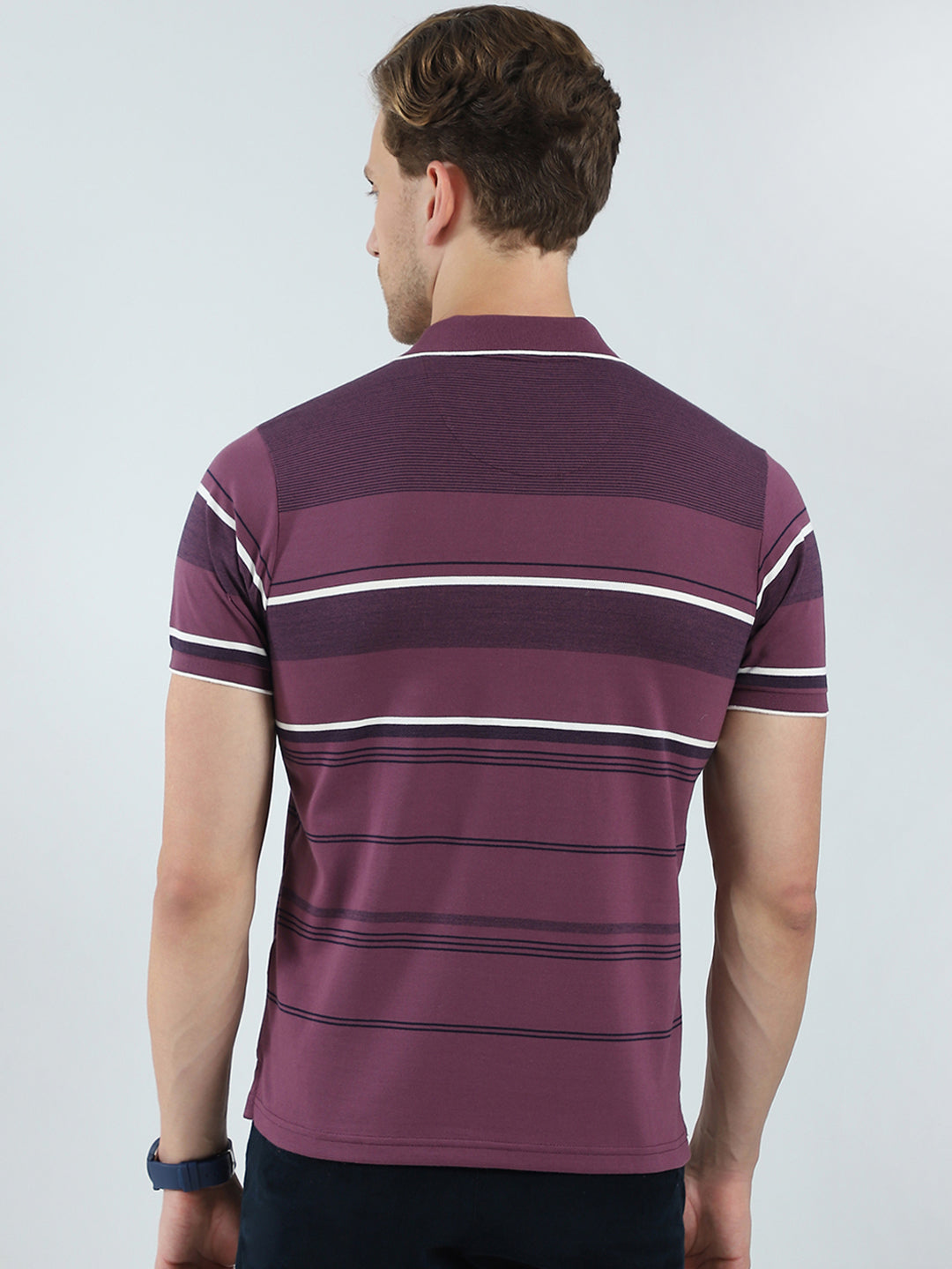 Men Purple Stripe Collar Half Sleeve T-Shirt
