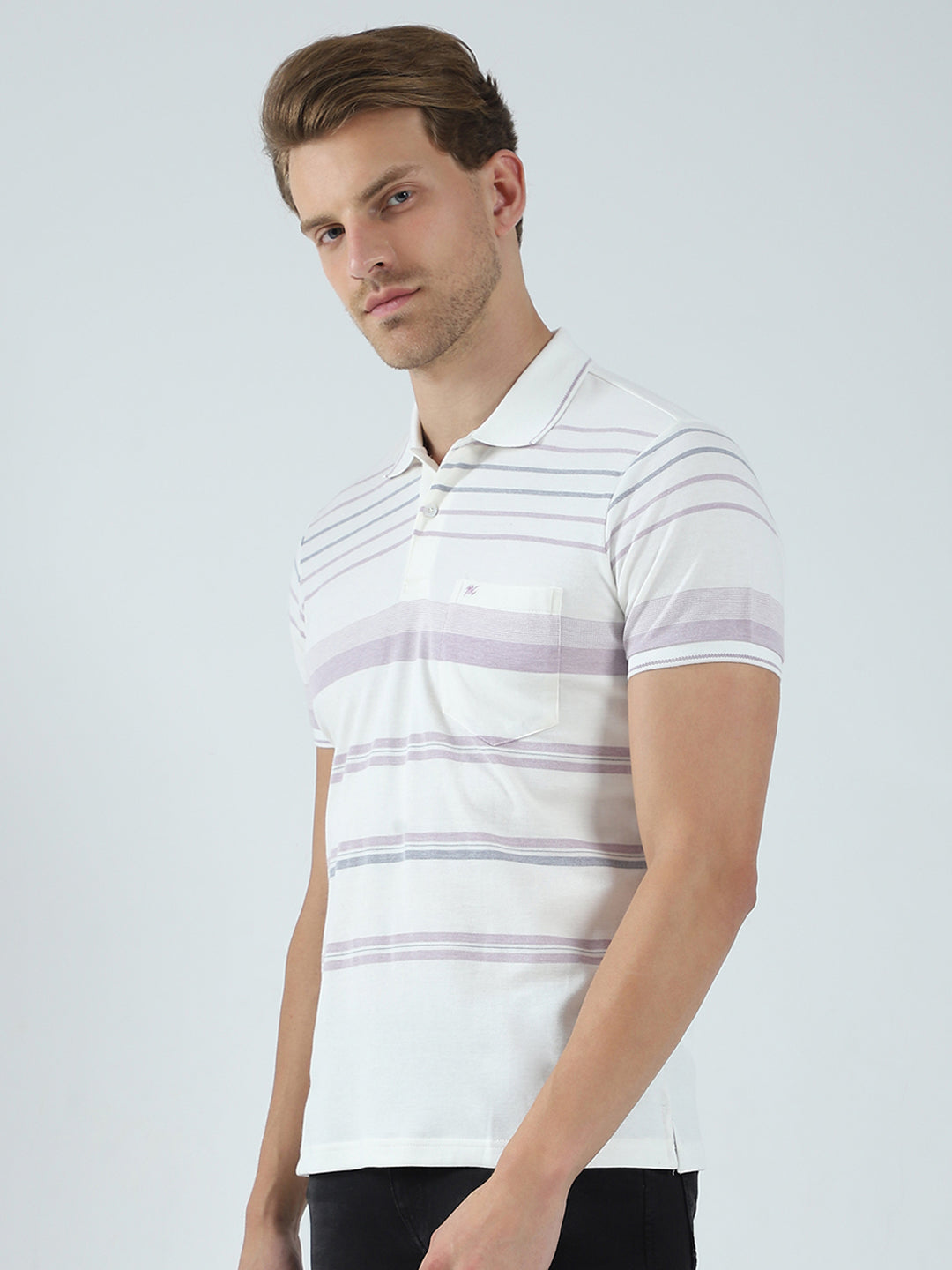 Men Off White Stripe Collar Half Sleeve T-Shirt