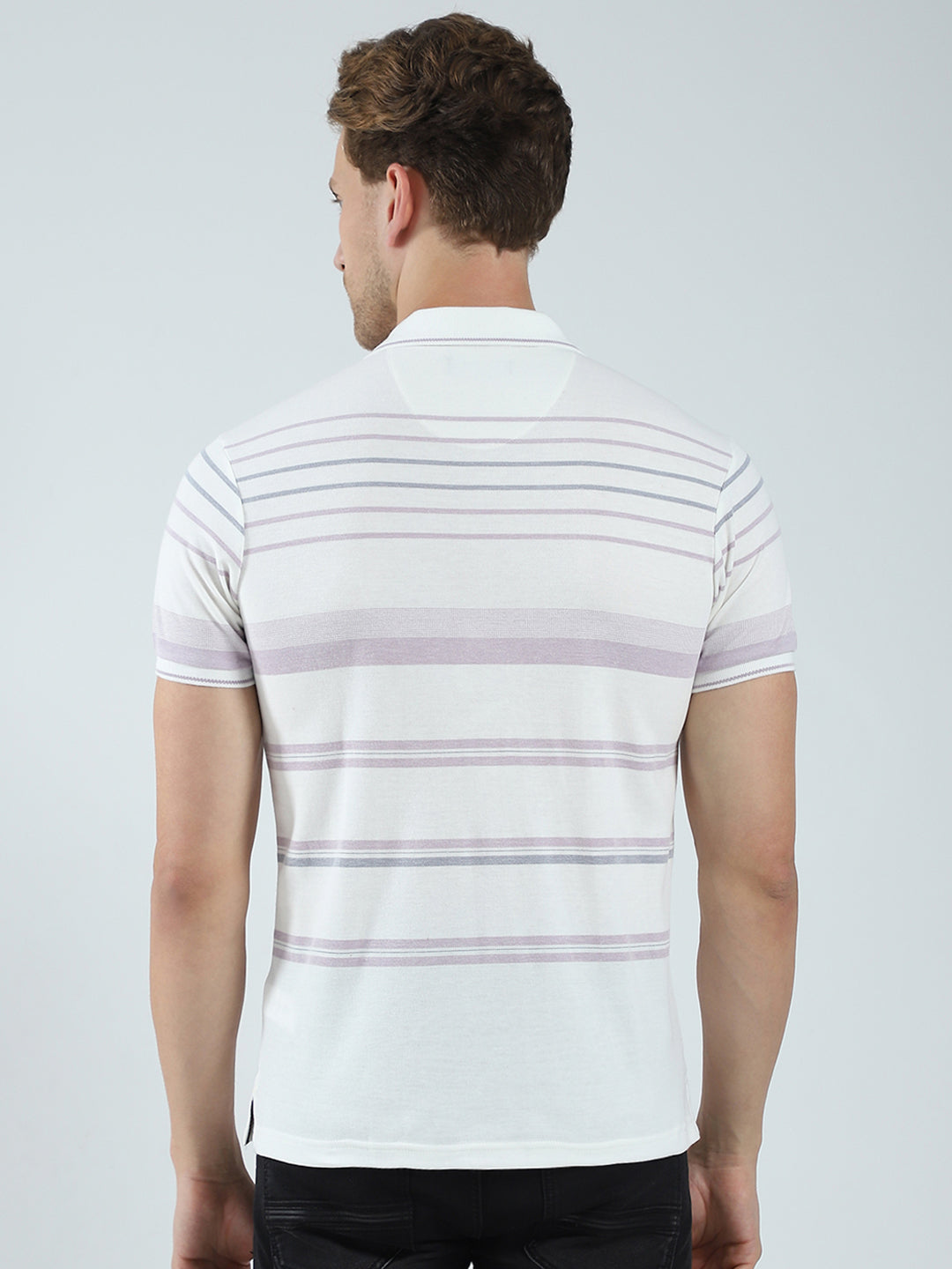 Men Off White Stripe Collar Half Sleeve T-Shirt