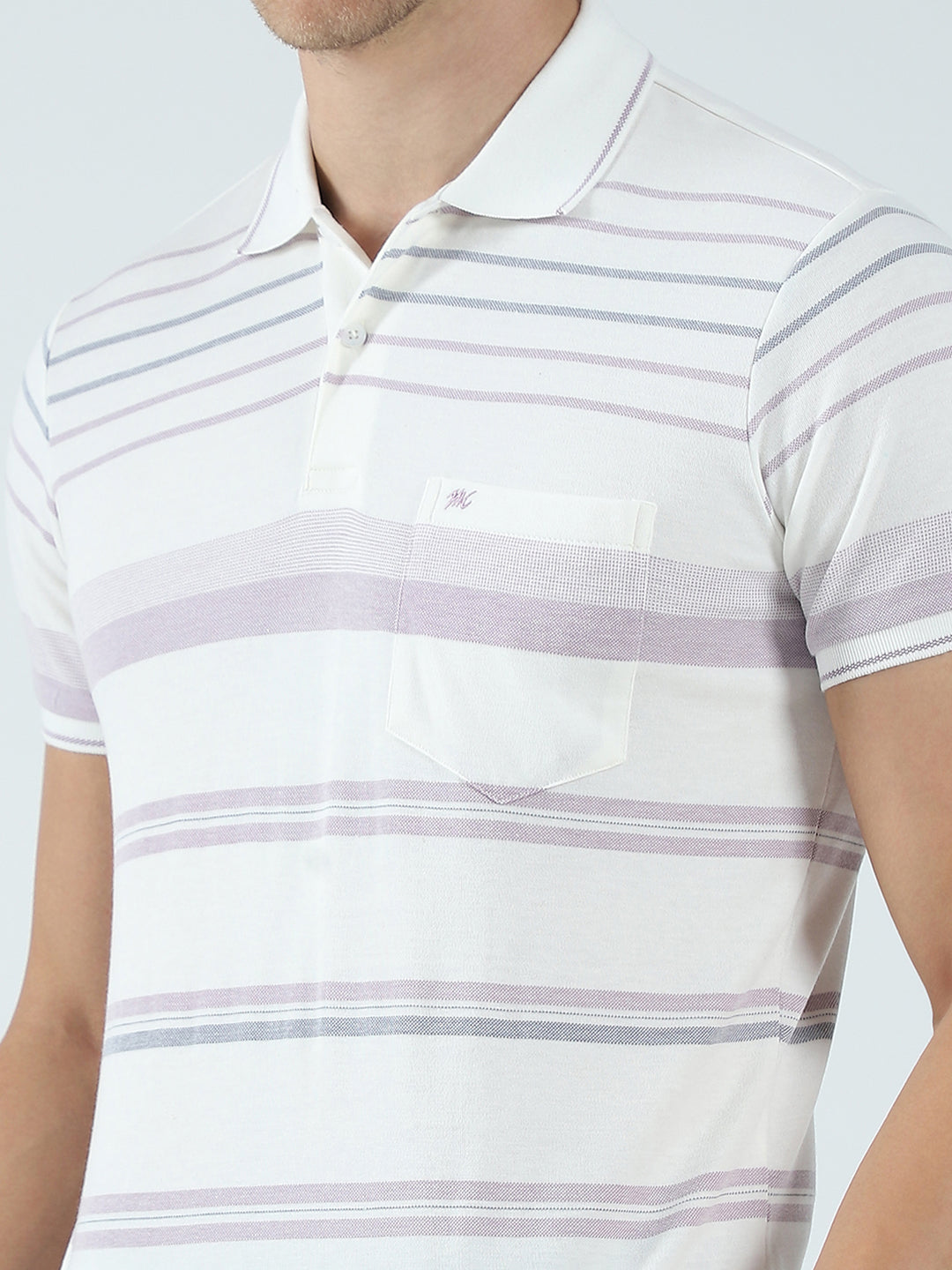 Men Off White Stripe Collar Half Sleeve T-Shirt