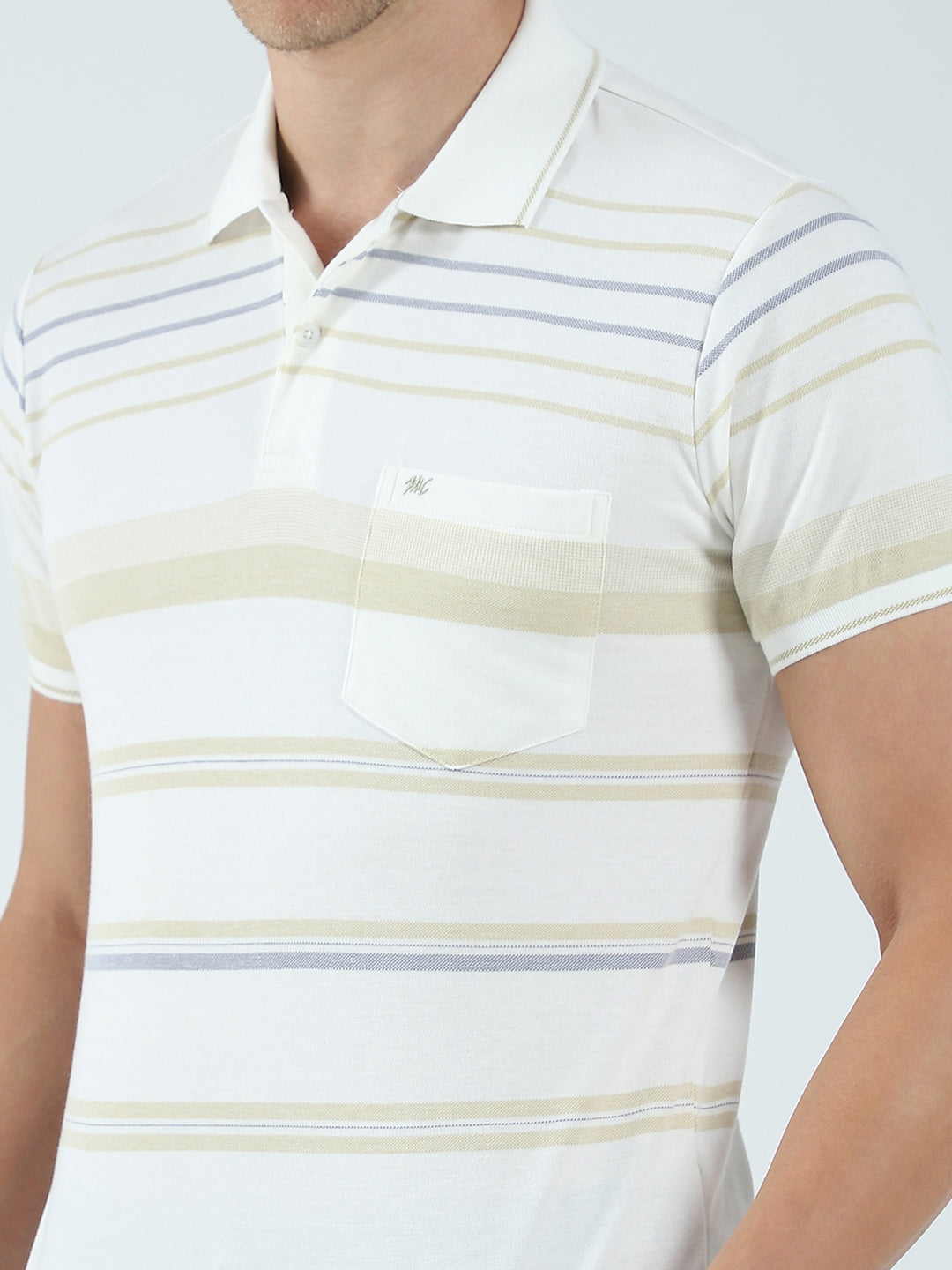 Men Beige Stripe Collar Half Sleeve T-Shirt