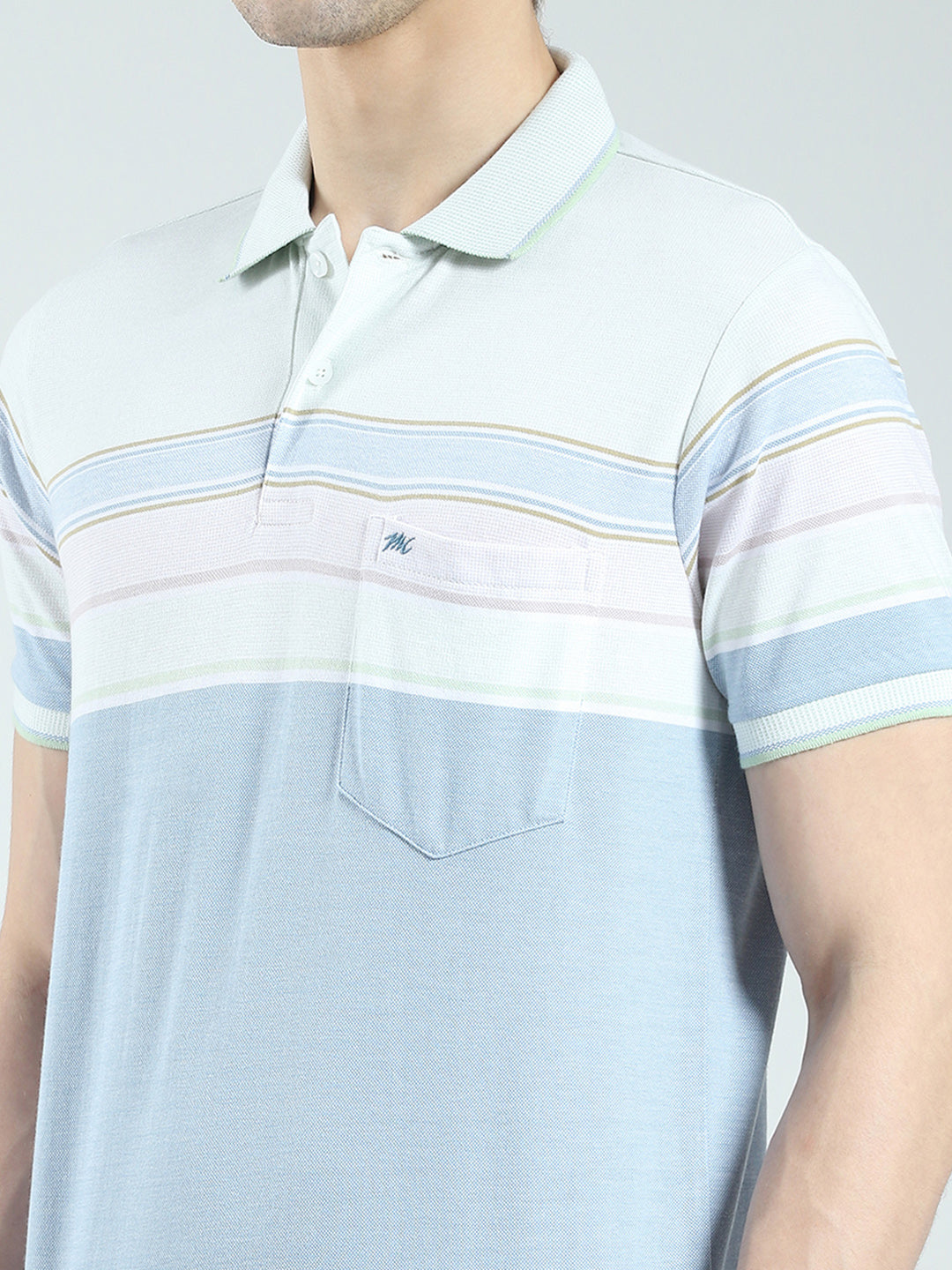 Men Blue Stripe Collar Half Sleeve T-Shirt