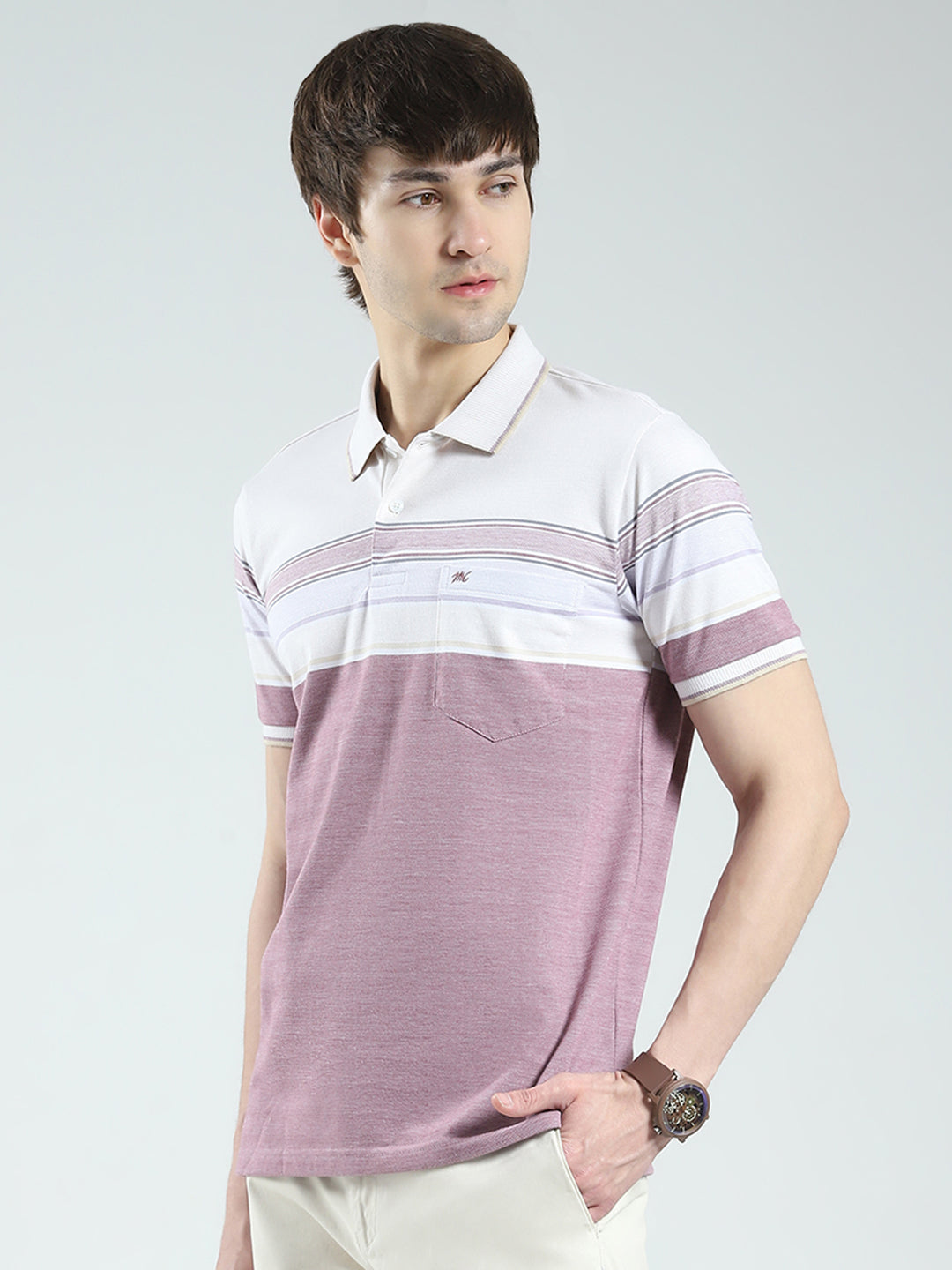 Men Purple Stripe Collar Half Sleeve T-Shirt