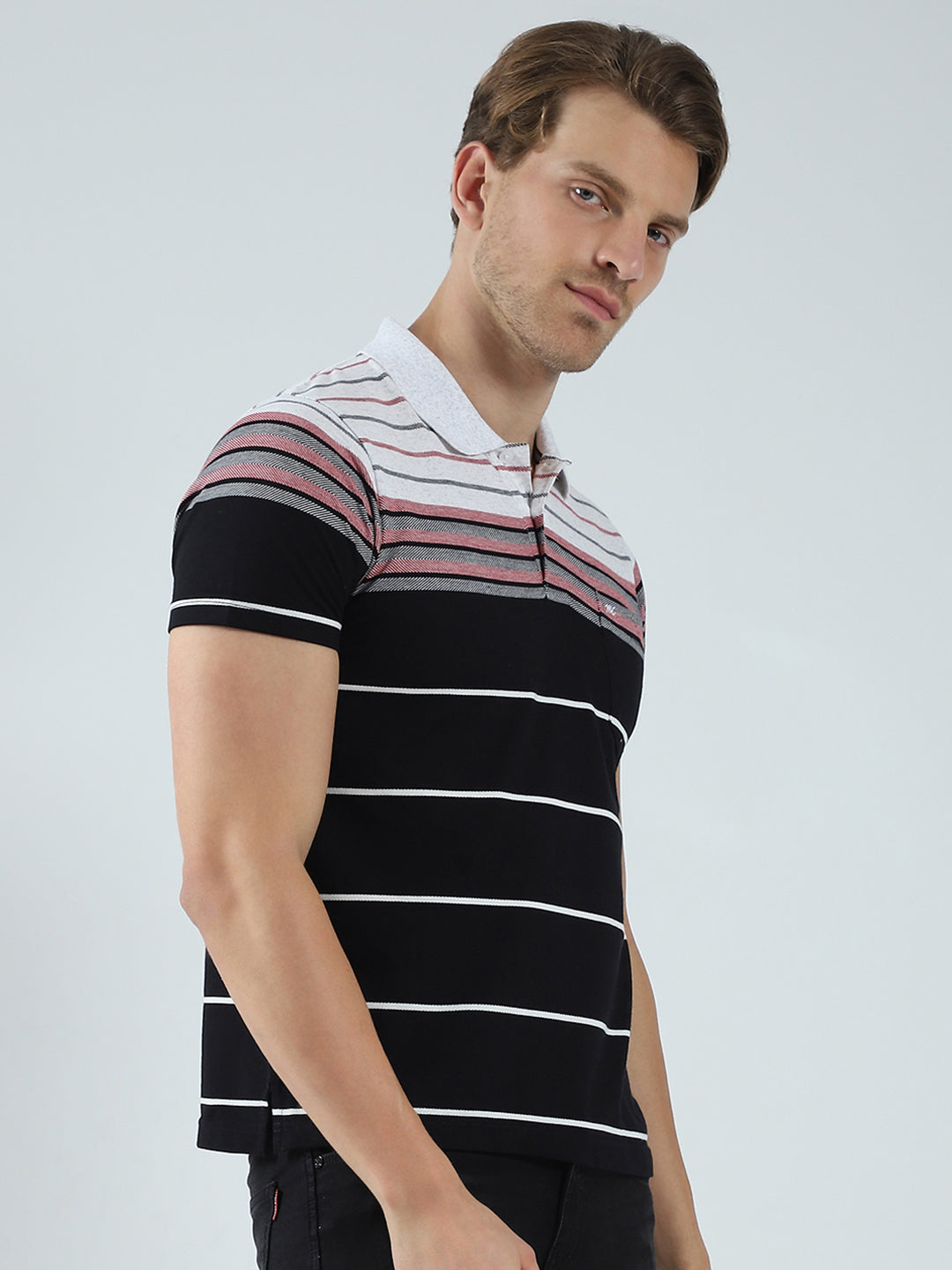 Men Black Stripe Collar Half Sleeve T-Shirt