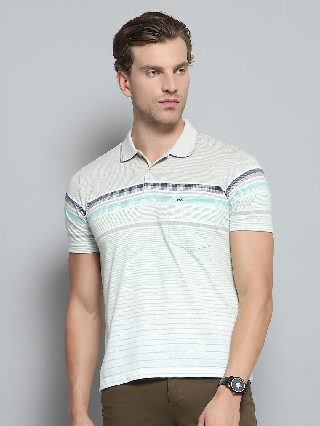 Men Green Stripe Collar Half Sleeve T-Shirt