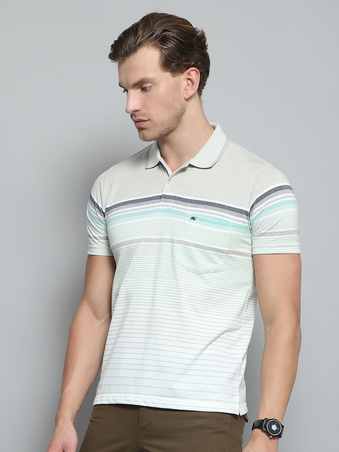 Men Green Stripe Collar Half Sleeve T-Shirt