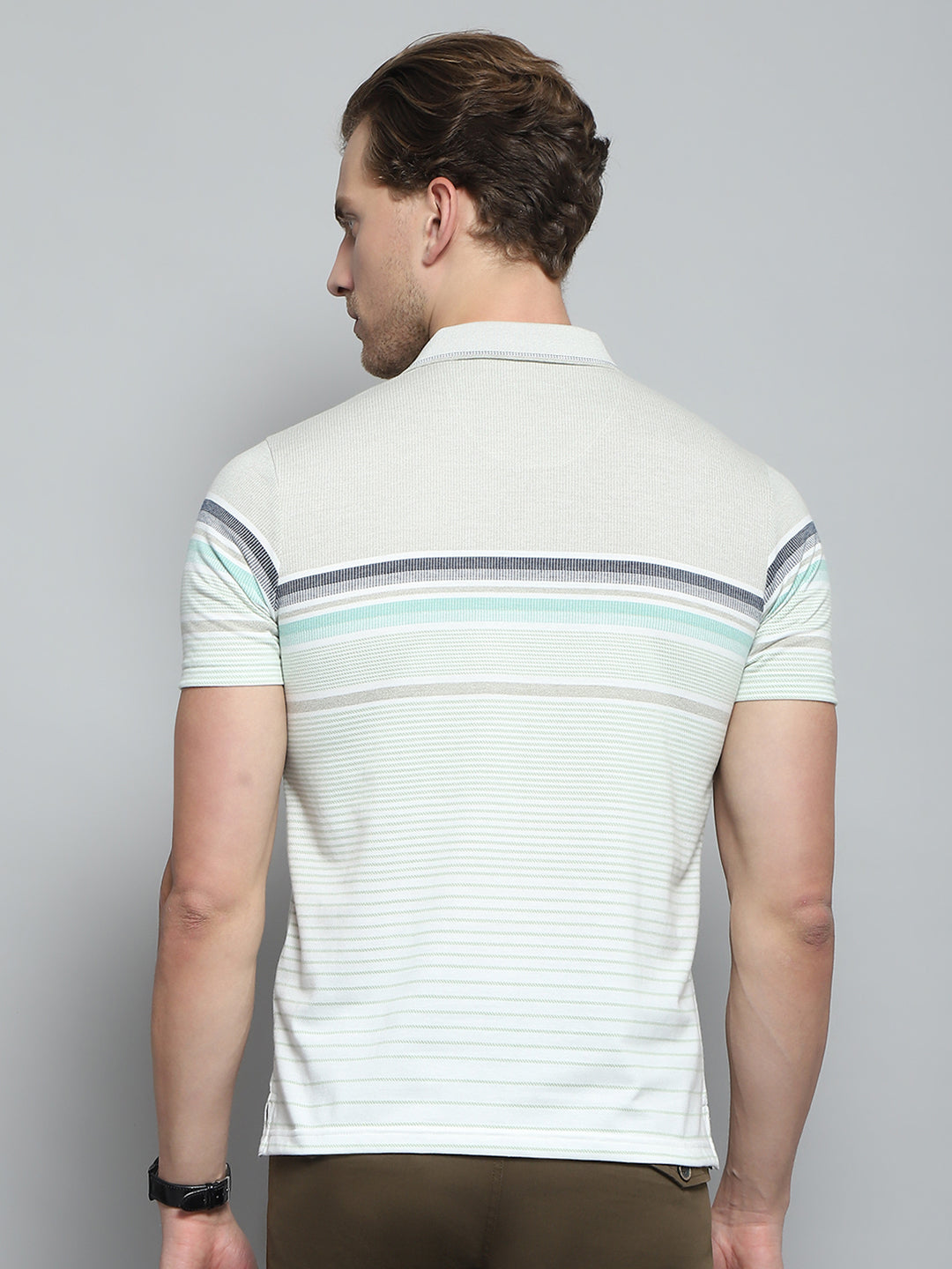 Men Green Stripe Collar Half Sleeve T-Shirt