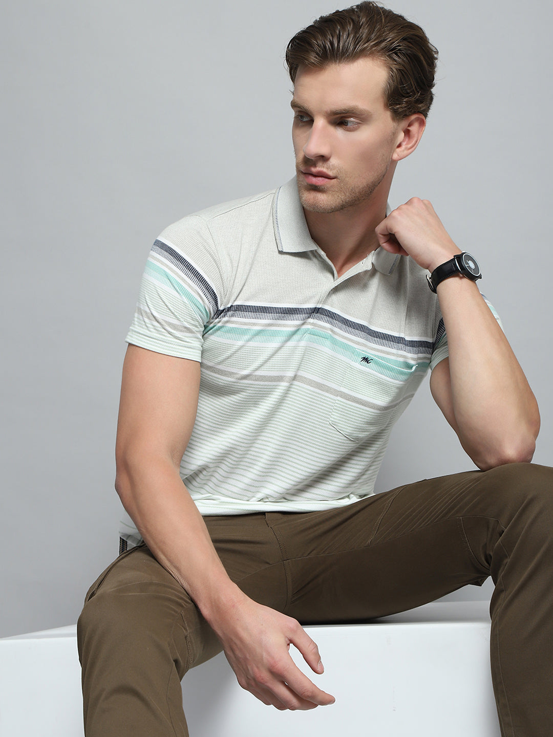 Men Green Stripe Collar Half Sleeve T-Shirt