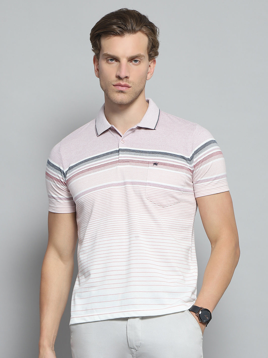 Men Pink Stripe Collar Half Sleeve T-Shirt