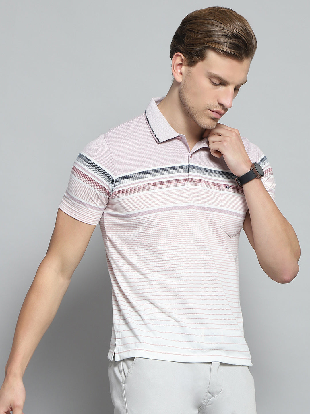 Men Pink Stripe Collar Half Sleeve T-Shirt