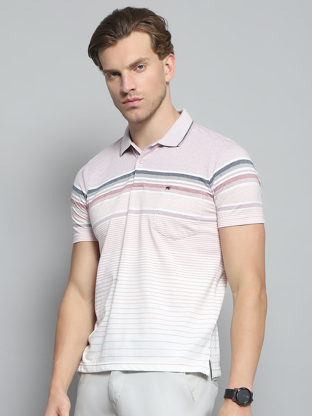 Men Pink Stripe Collar Half Sleeve T-Shirt