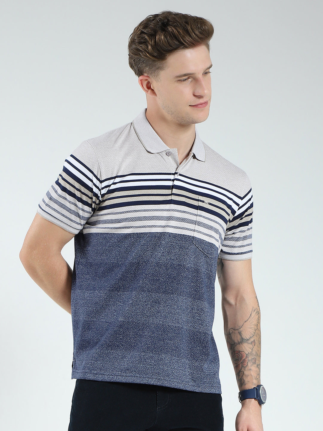 Men Blue Stripe Collar Half Sleeve T-Shirt