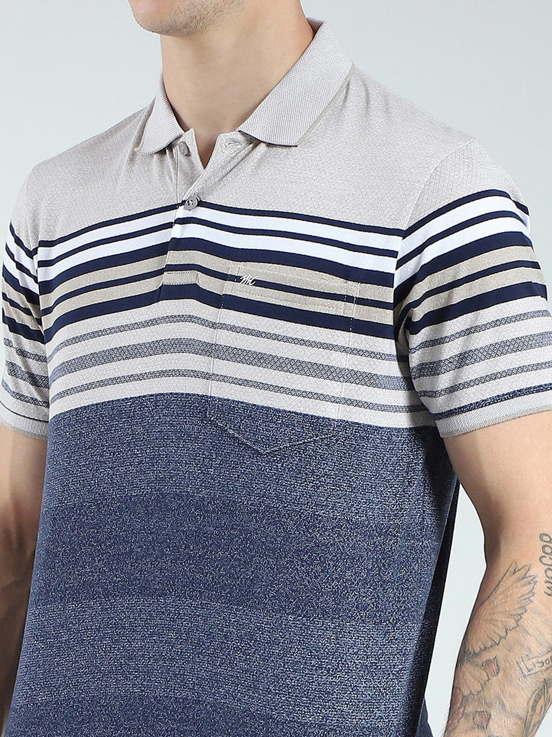 Men Blue Stripe Collar Half Sleeve T-Shirt