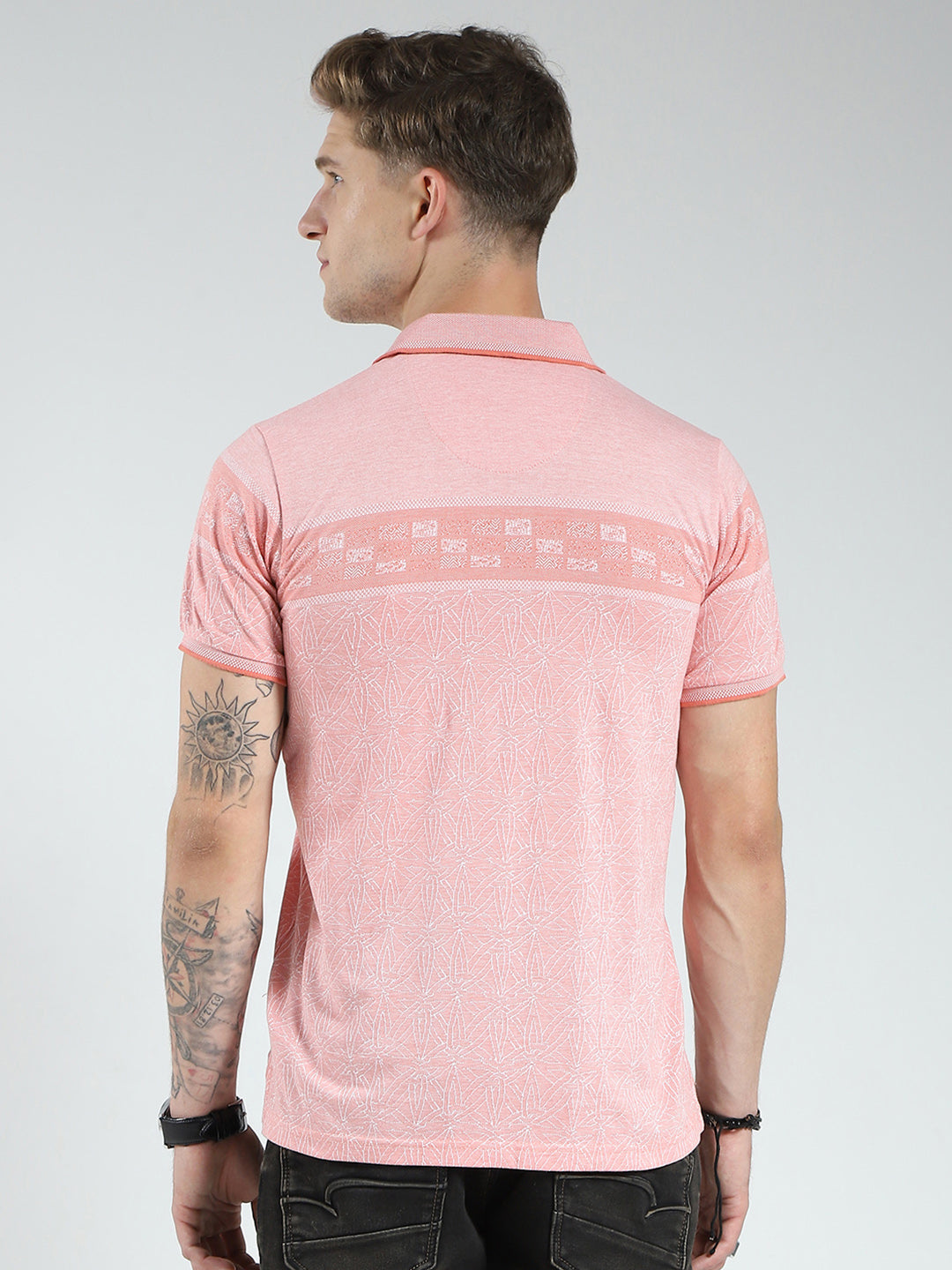 Men Pink Stripe Collar Half Sleeve T-Shirt