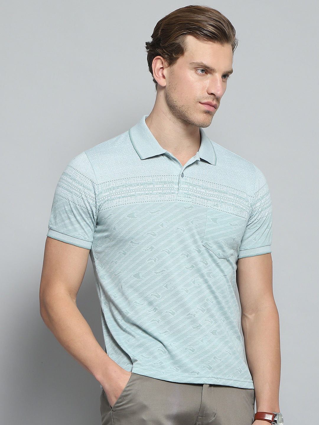 Men Green Stripe Collar Half Sleeve T-Shirt