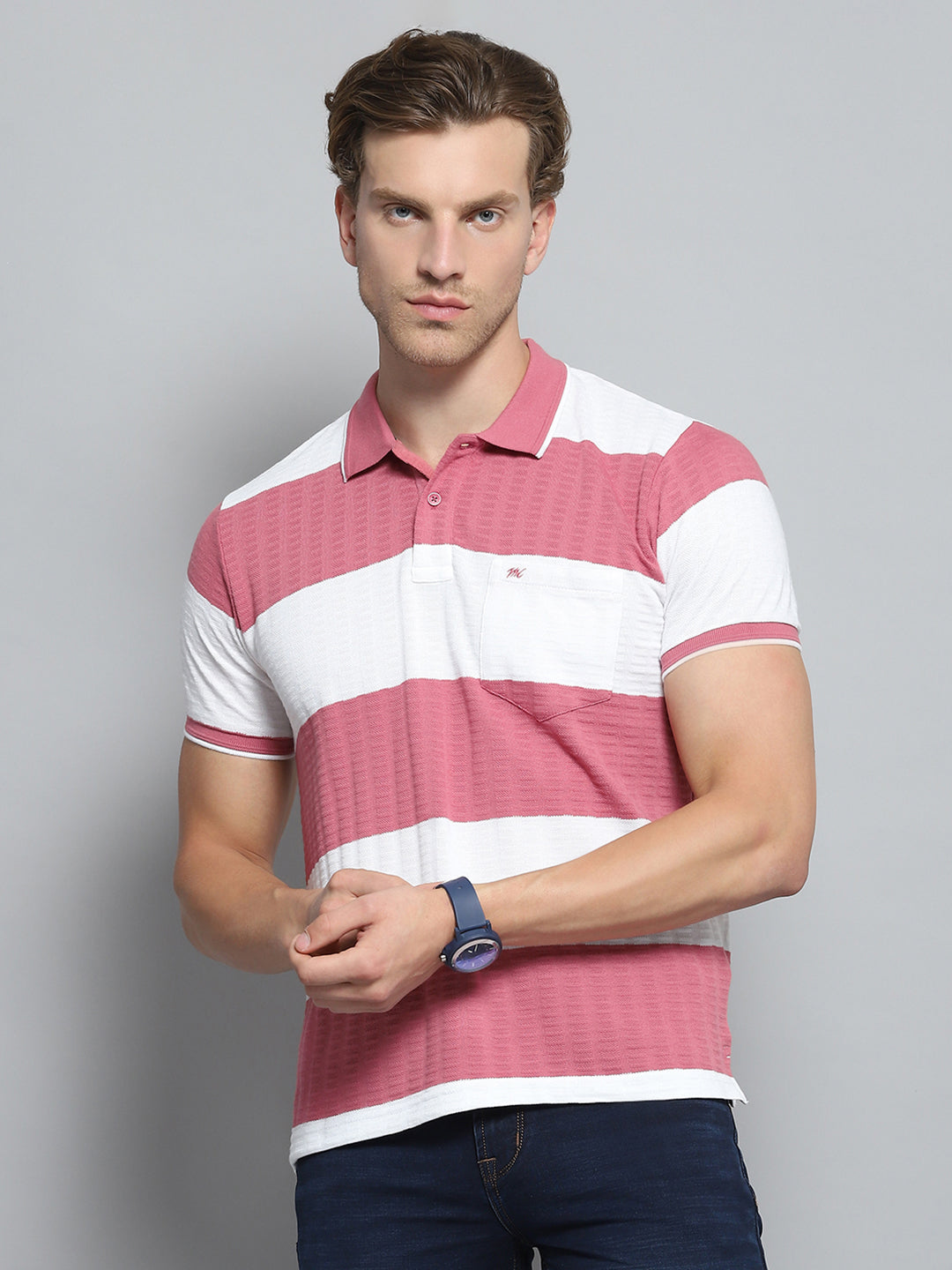Men Pink Stripe Collar Half Sleeve T-Shirt
