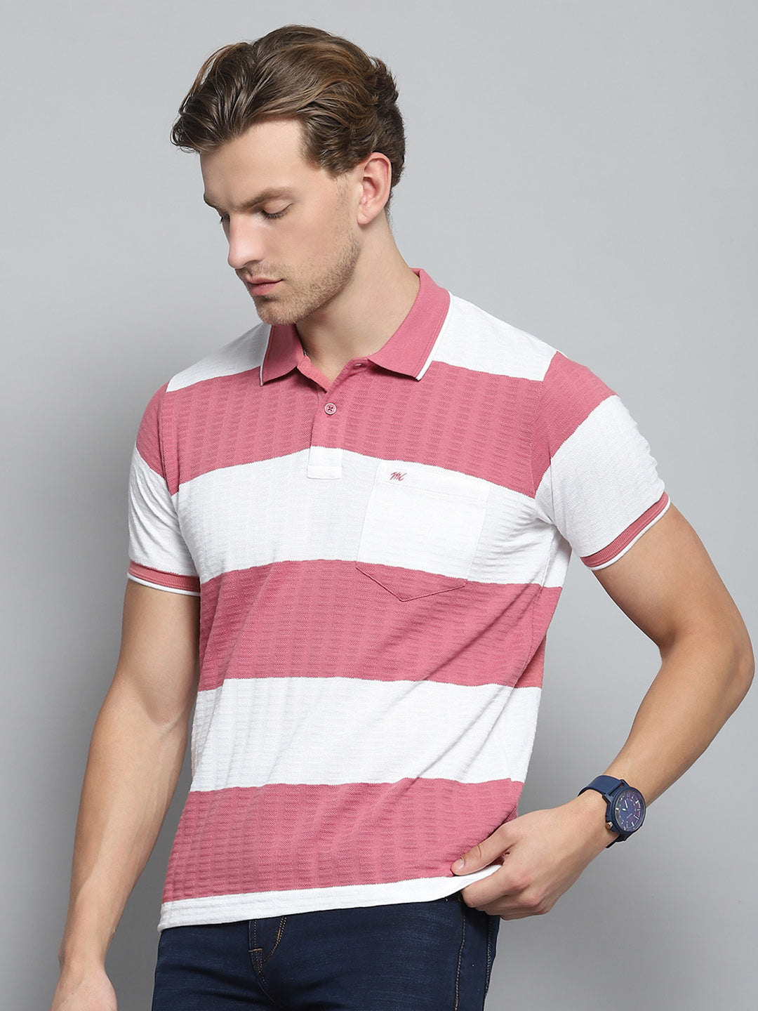 Men Pink Stripe Collar Half Sleeve T-Shirt
