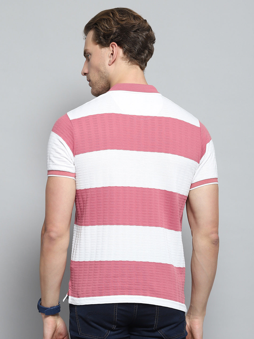 Men Pink Stripe Collar Half Sleeve T-Shirt