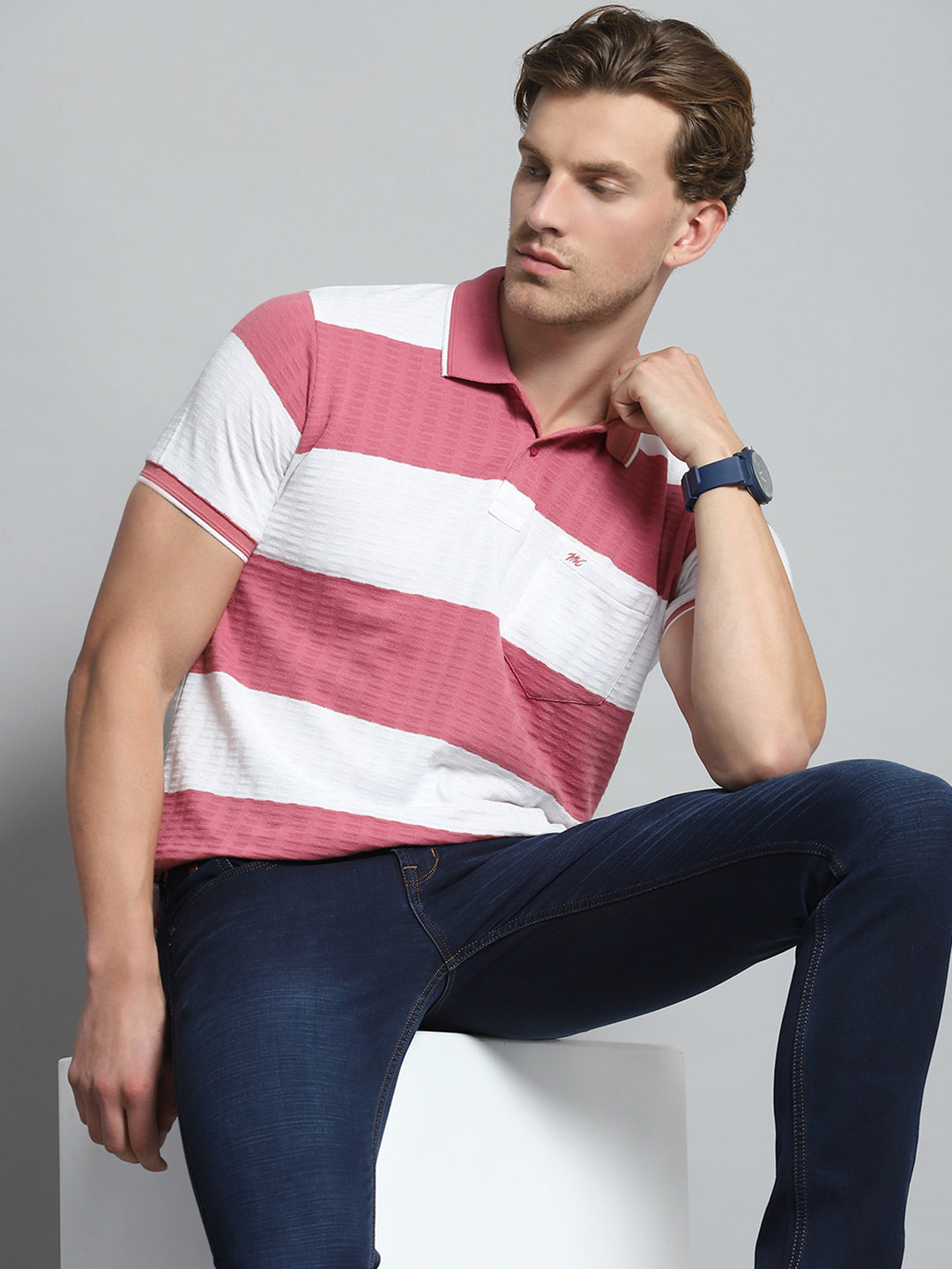 Men Pink Stripe Collar Half Sleeve T-Shirt