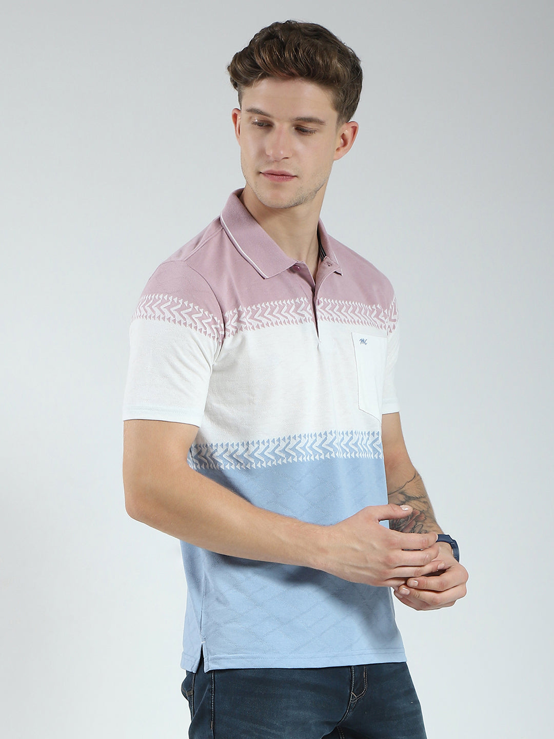 Men Blue Stripe Collar Half Sleeve T-Shirt