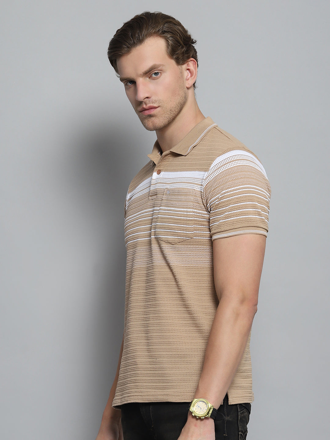 Men Brown Stripe Collar Half Sleeve T-Shirt