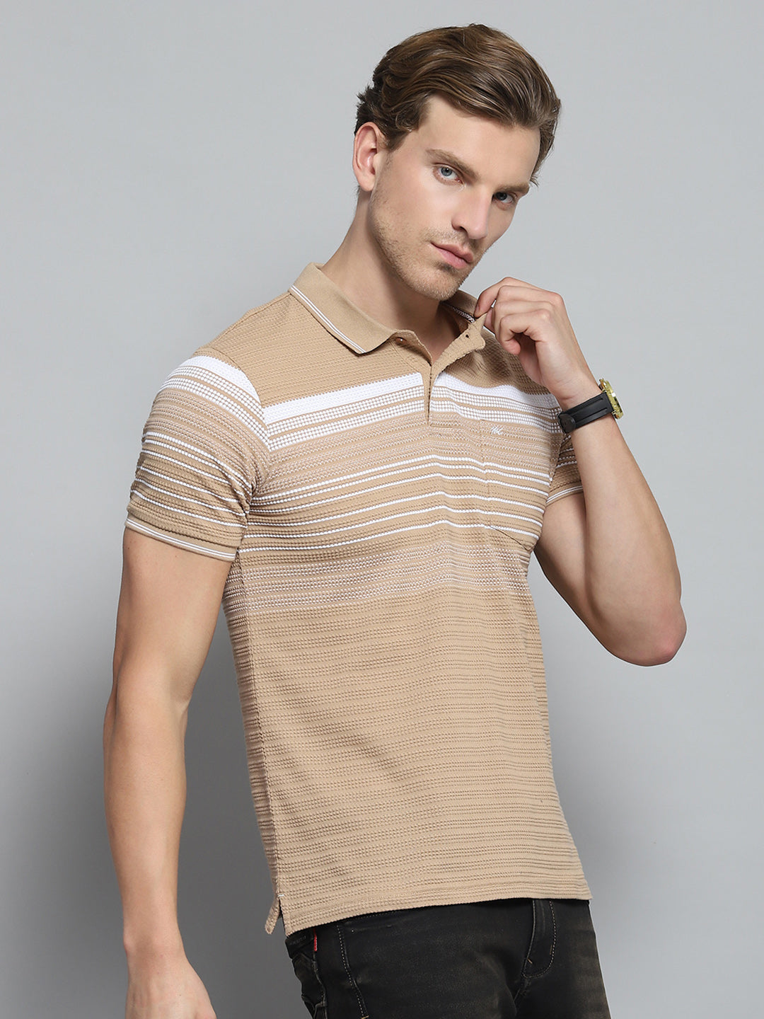 Men Brown Stripe Collar Half Sleeve T-Shirt