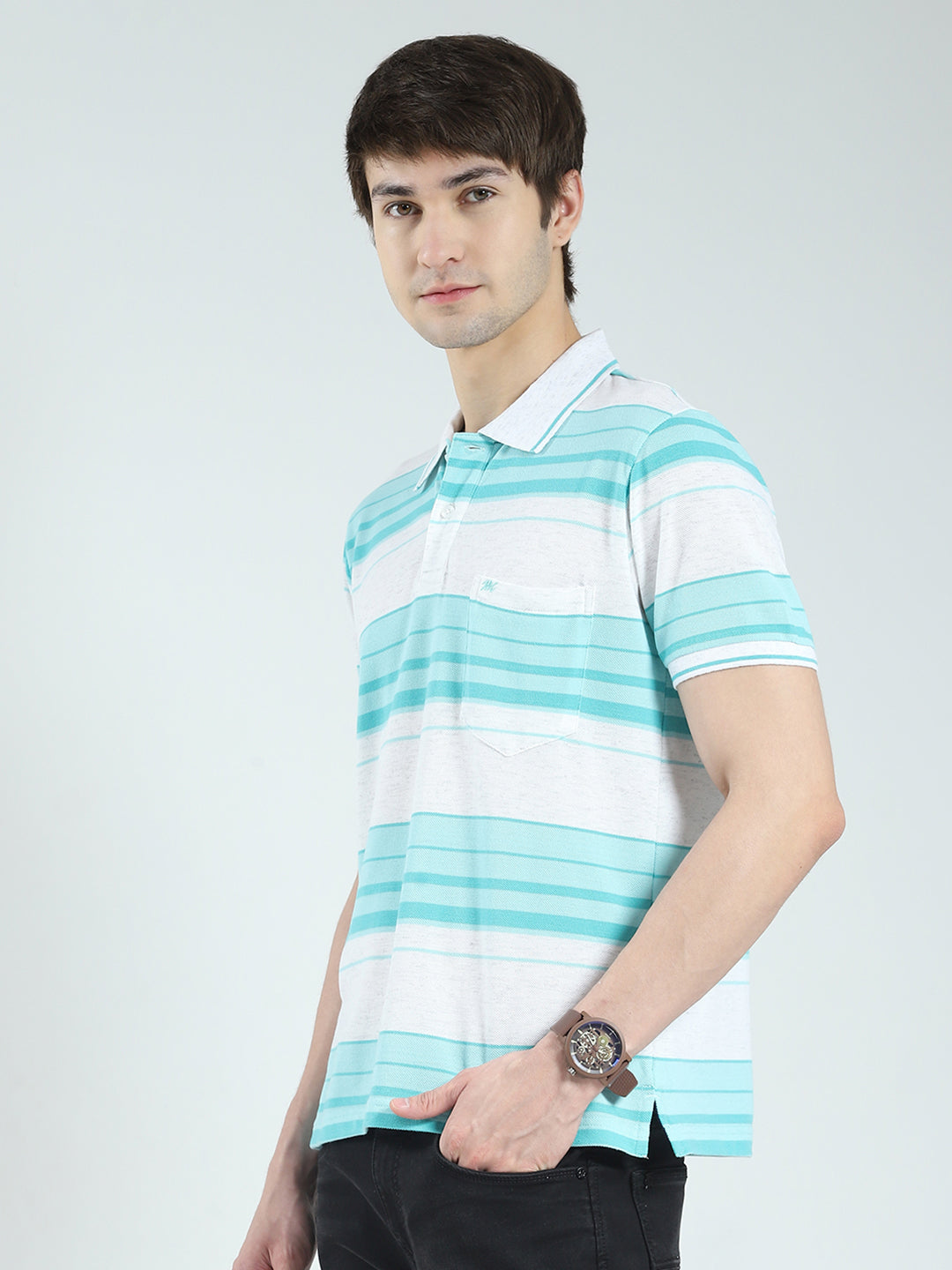 Men Green Stripe Collar Half Sleeve T-Shirt