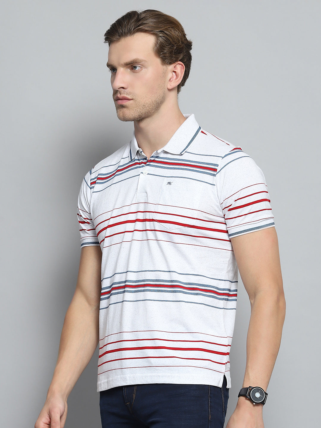 Men White Stripe Collar Half Sleeve T-Shirt