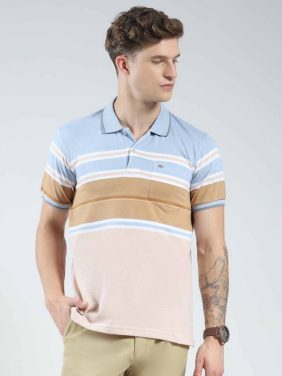 Men Blue Stripe Collar Half Sleeve T-Shirt