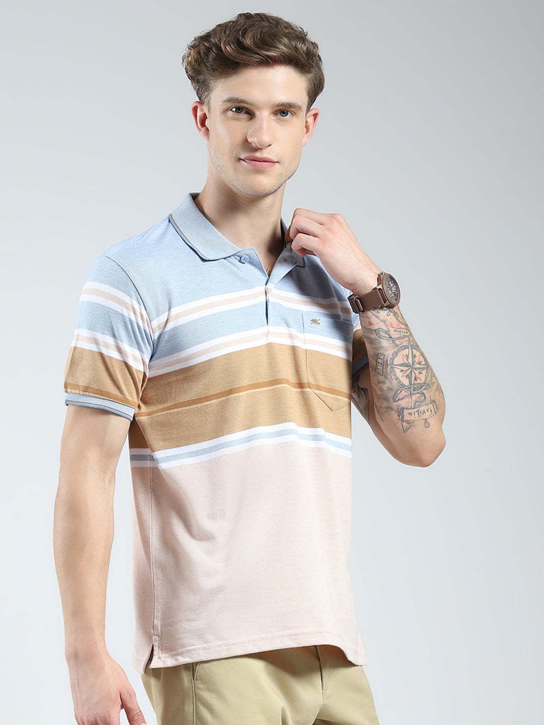 Men Blue Stripe Collar Half Sleeve T-Shirt