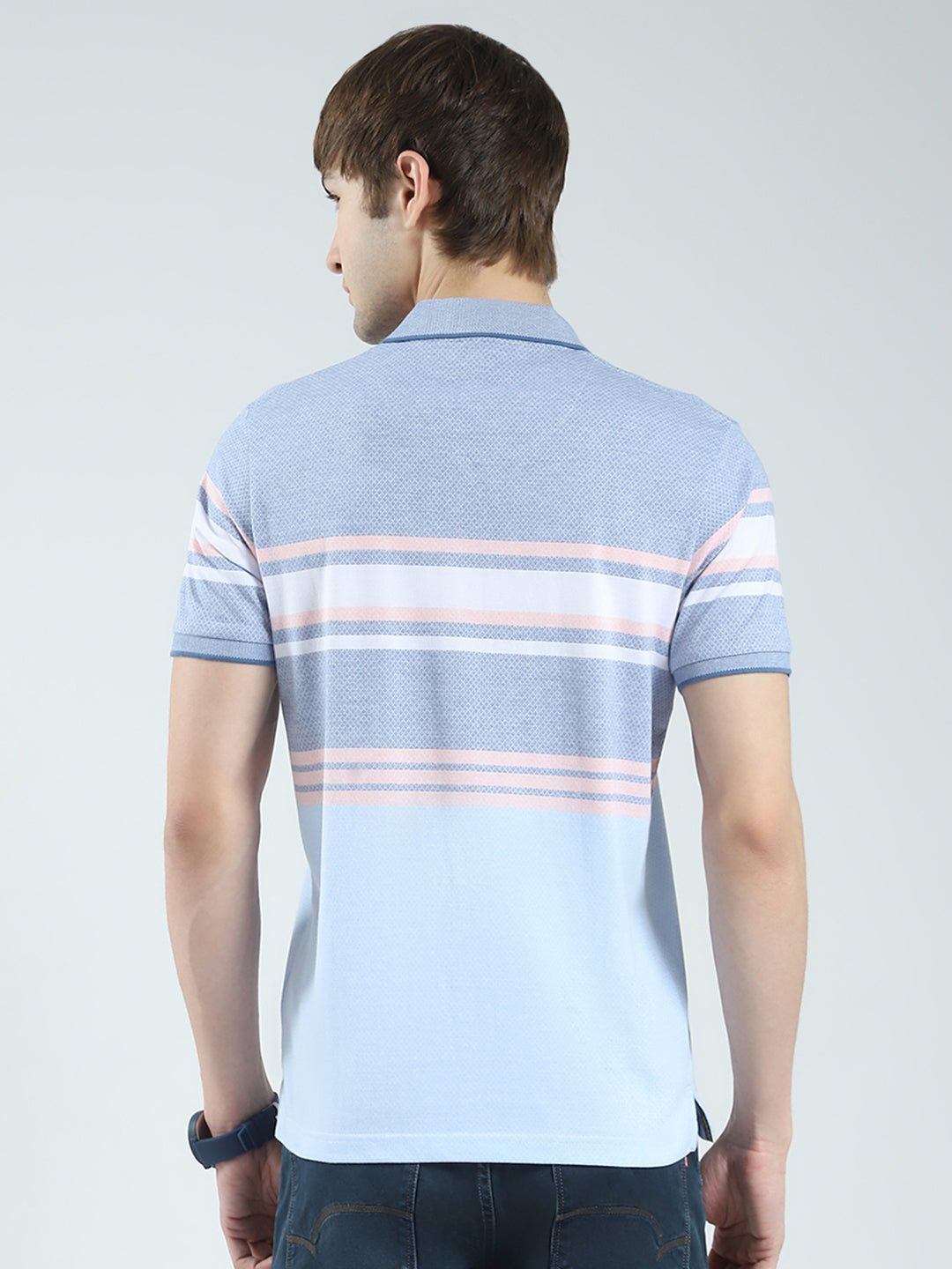 Men Blue Stripe Collar Half Sleeve T-Shirt