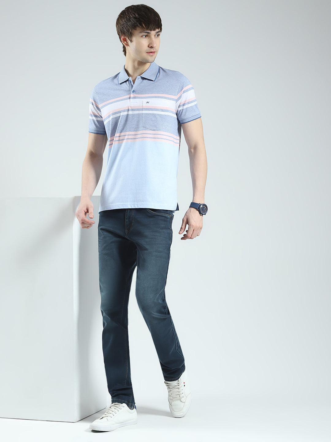 Men Blue Stripe Collar Half Sleeve T-Shirt