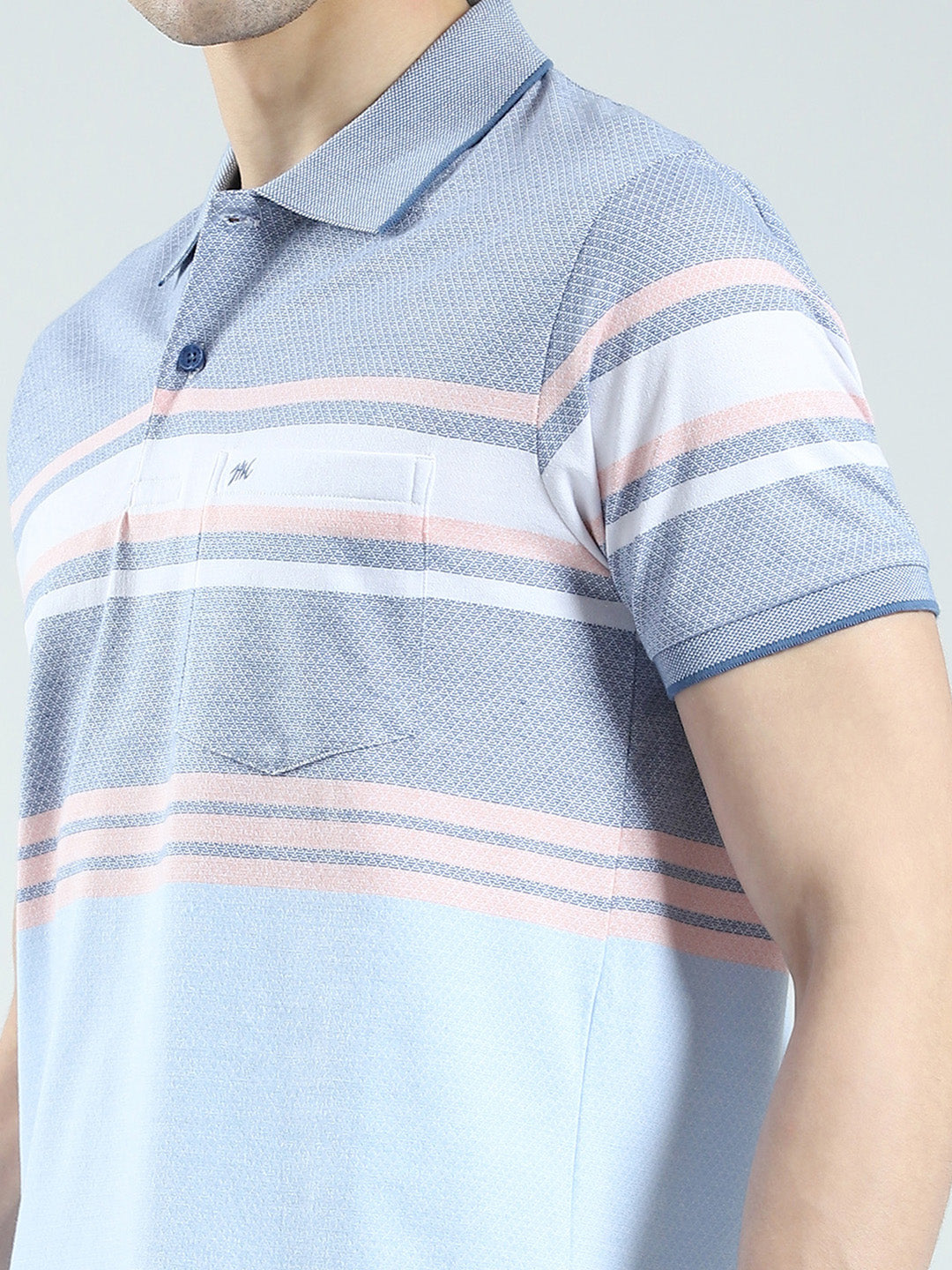 Men Blue Stripe Collar Half Sleeve T-Shirt